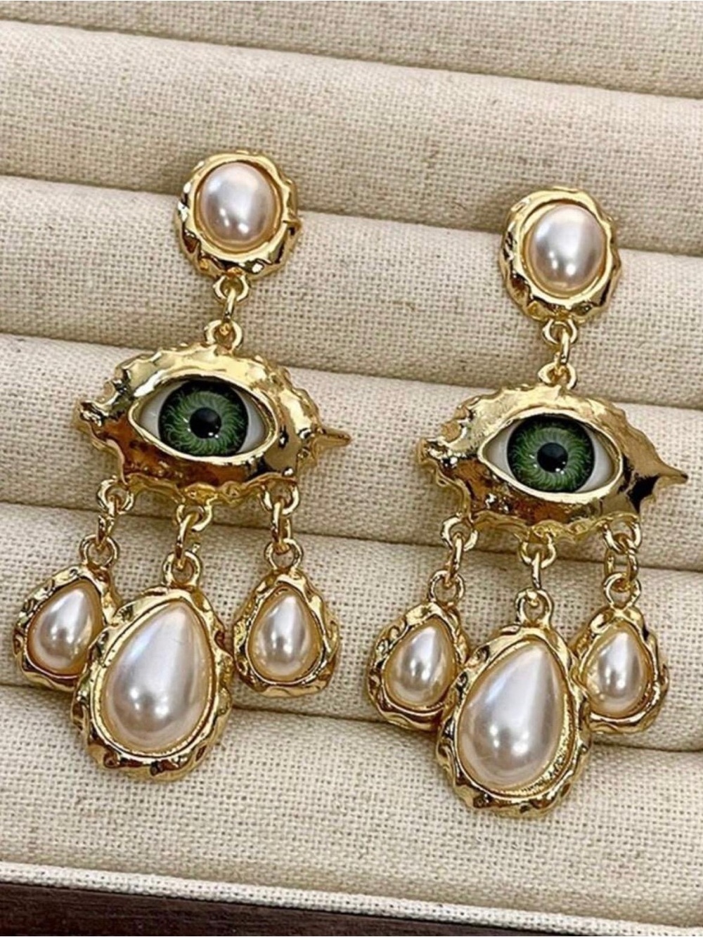 Evil Eye Pearl Drop Statement Earrings - Picture 1 of 5